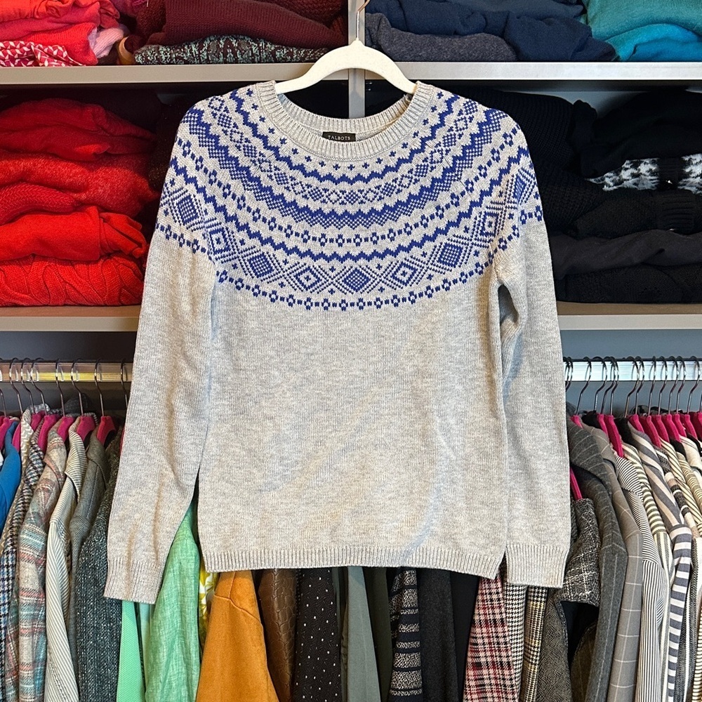 Talbots gray/blue fair isle long sleeve crew neck sweater size XS NWT